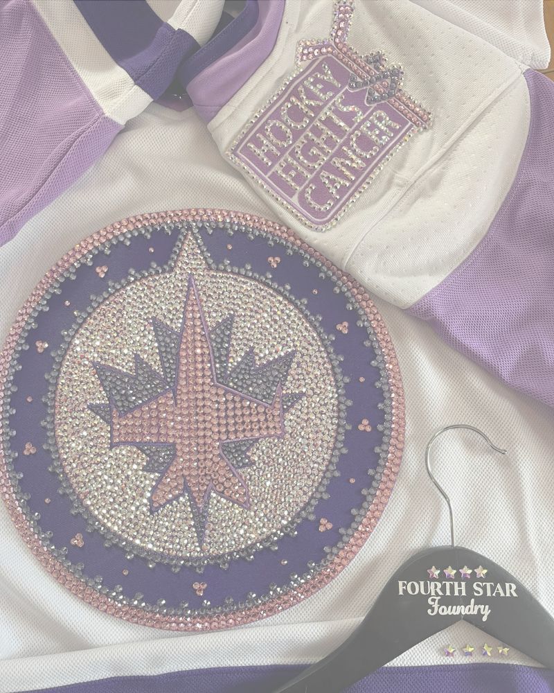 Custom: Finished Winnipeg Jets Hockey Fights Cancer jersey customized with crystals by Fourth Star Foundry